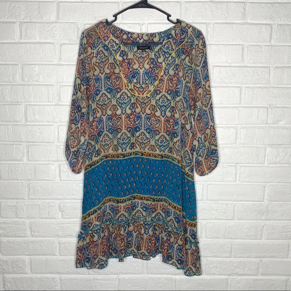 Tolani Silk Blue Patterned Ruffle Tunic Dress size XS